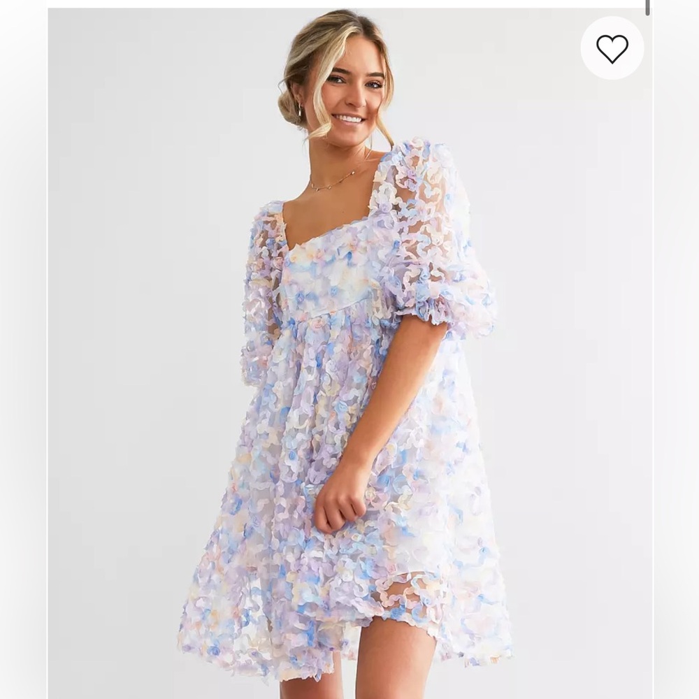 Storia Pastel Blue Floral Lace Puff Sleeve Mini Dress - Picture 2 of 5
